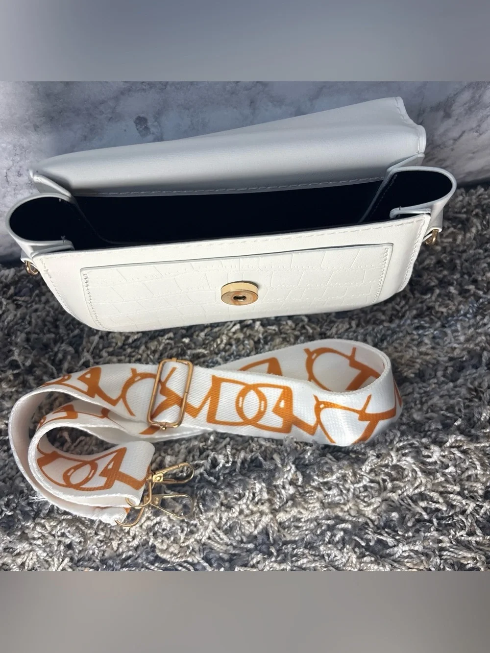White Crossbody with Patterned Orange Strap